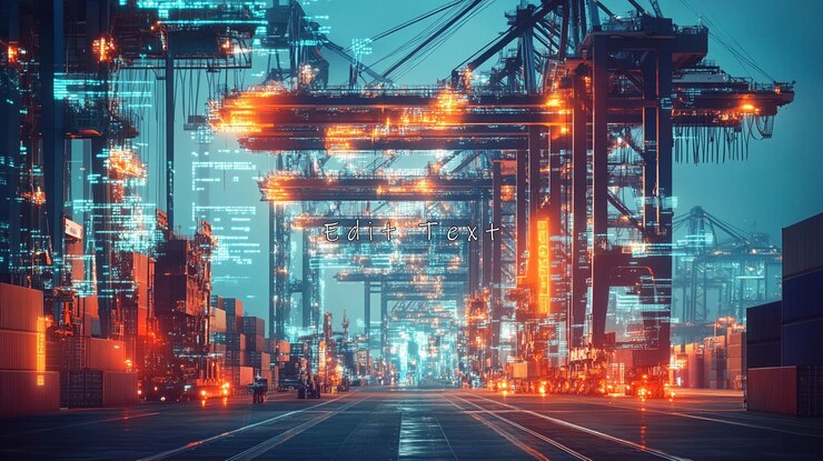 PSD night view of a busy container port with digital overlay