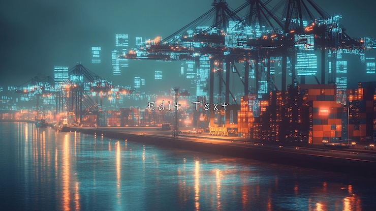 PSD night view of a digitalized smart port with containers and cranes reflecting on water