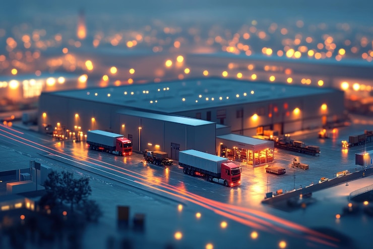 PSD nighttime aerial view of a distribution center with trucks loading and unloading goods