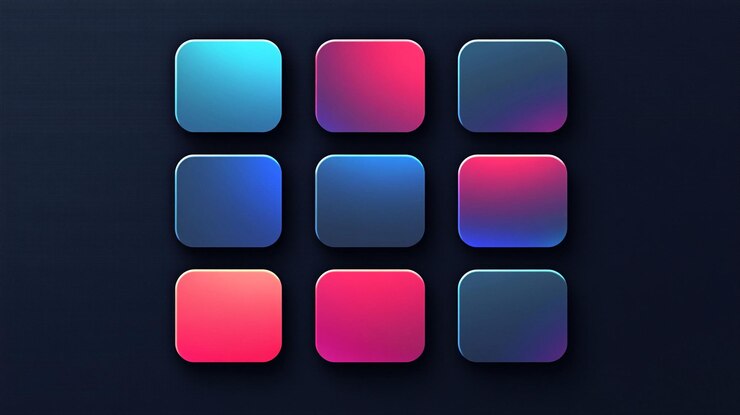 PSD nine colorful gradient square buttons on dark background