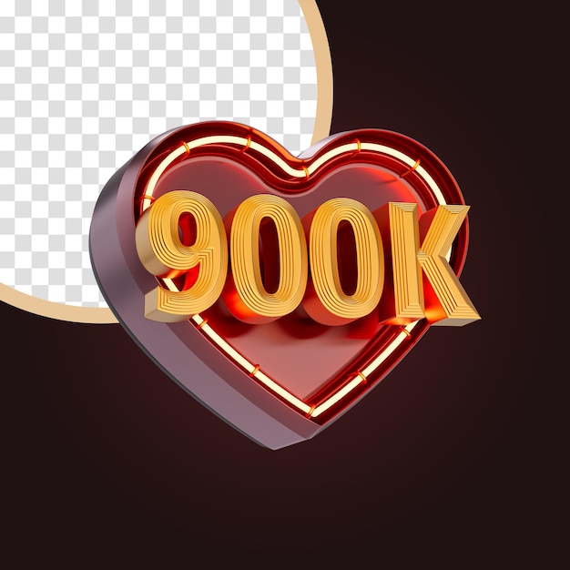 Nine hundred thousand or 900k follower celebration love icon neon glow lighting 3d render concept