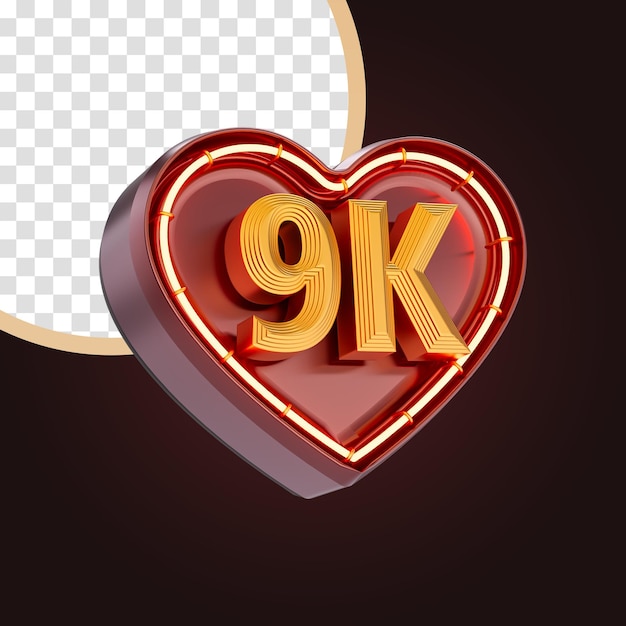 Novemila o 9k follower celebrazione amore icona bagliore al neon illuminazione 3d concetto di rendering