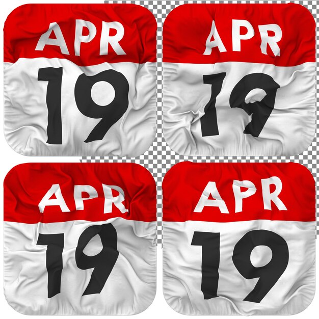 Nineteenth 19th April Date Calendar Icon Isolated Four Waving Style Bump Texture 3D Rendering