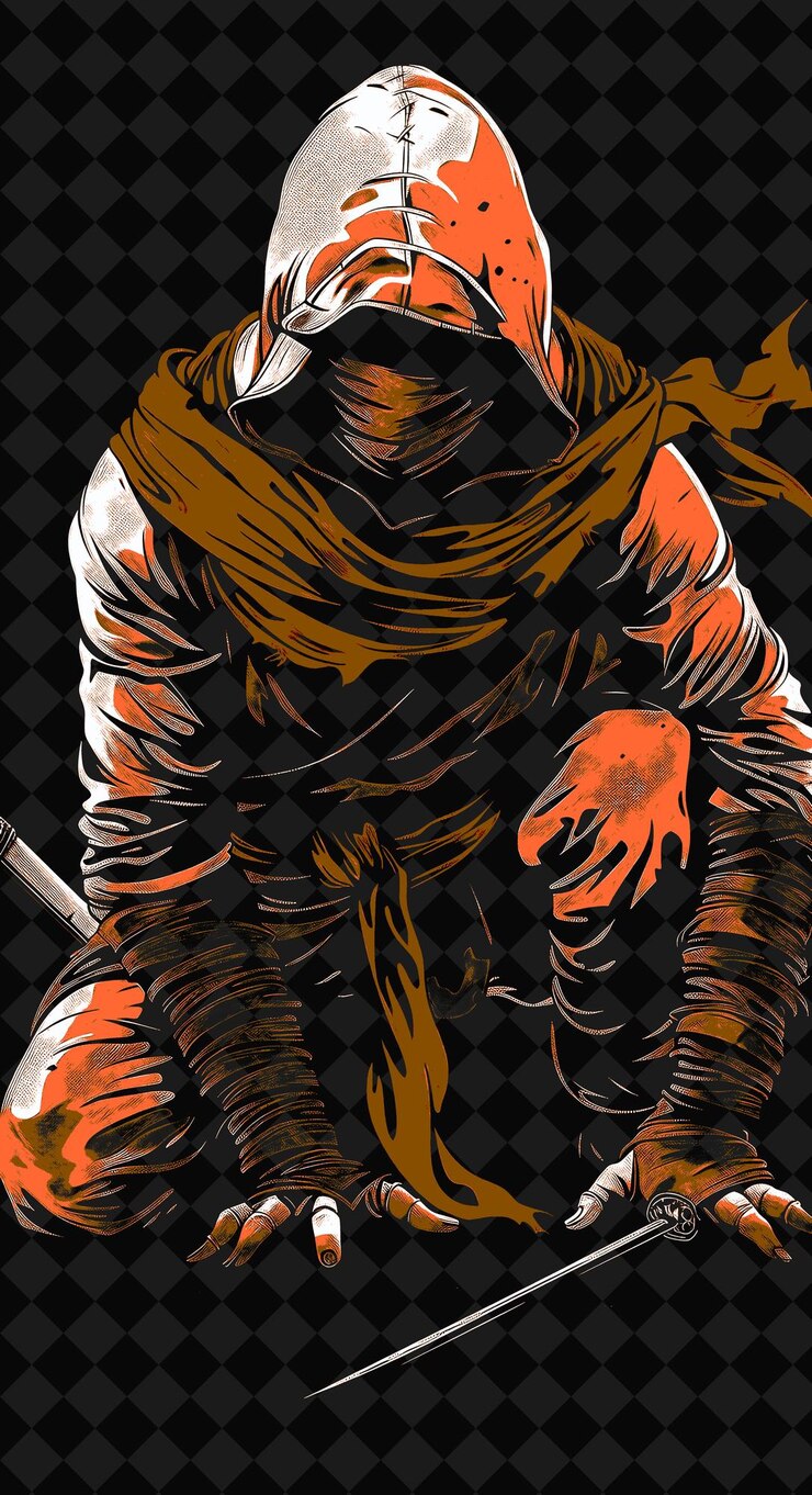 PSD ninja portrait with black hood and shuriken crouching in ste png illustration character designs