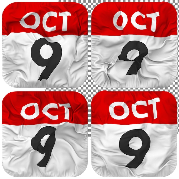 PSD ninth 9th october date calendar icon isolated four waving style bump texture 3d rendering