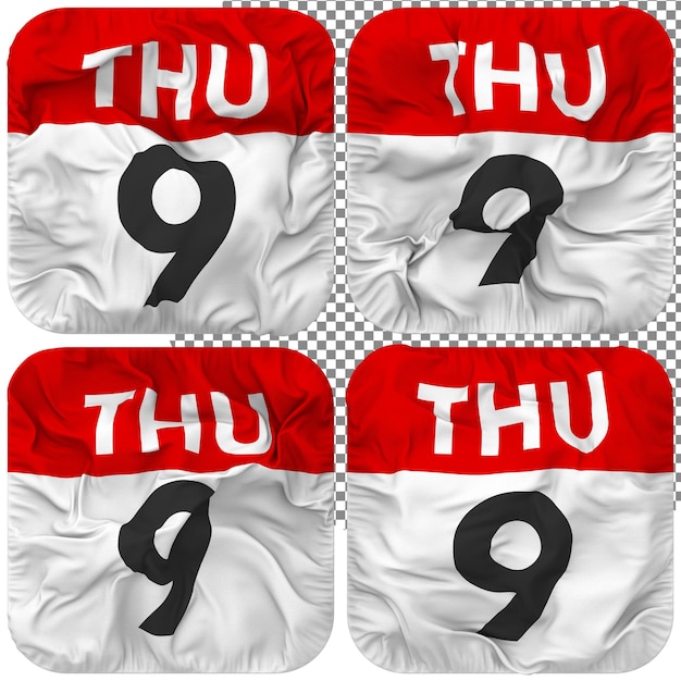 Ninth 9th Thursday Date Calendar Icon Isolated Four Waving Style Bump Texture 3D Rendering