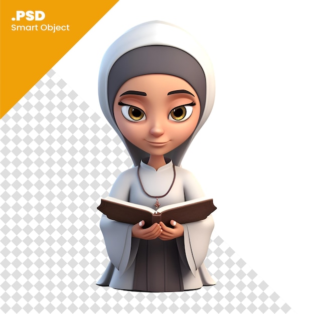 PSD niqab muzułmańska dziewczyna czytająca książkę3d rendering psd szablon