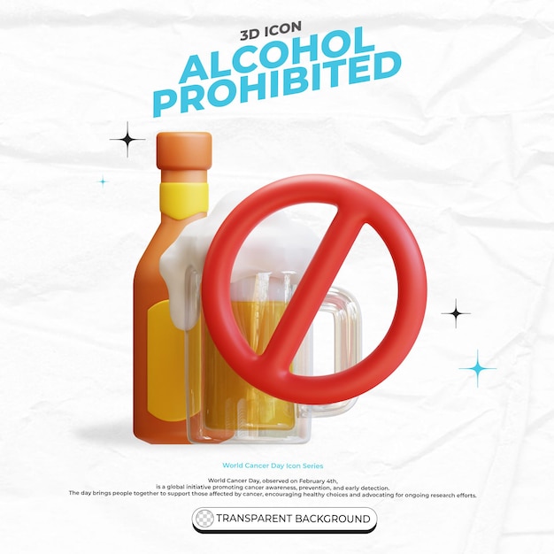 No alcohol sign bottle of beer on 3d icon illustration