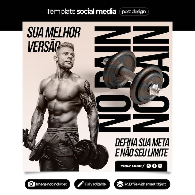 PSD ポルトガル語のフィットネス ジム向けソーシャル メディア モデル「痛みなし、利益なし」