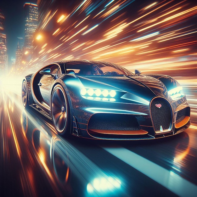 PSD una nobile bugatti hypercar sta accelerando attraverso le luci notturne dell'auto png