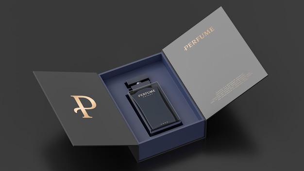 PSD noir perfume bottle white packaging mockup for brand identity presentation 3d render