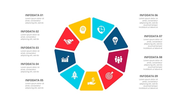 Nonagon infografikdiagram Skabelon til cyklus forretningspræsentation med ni processer