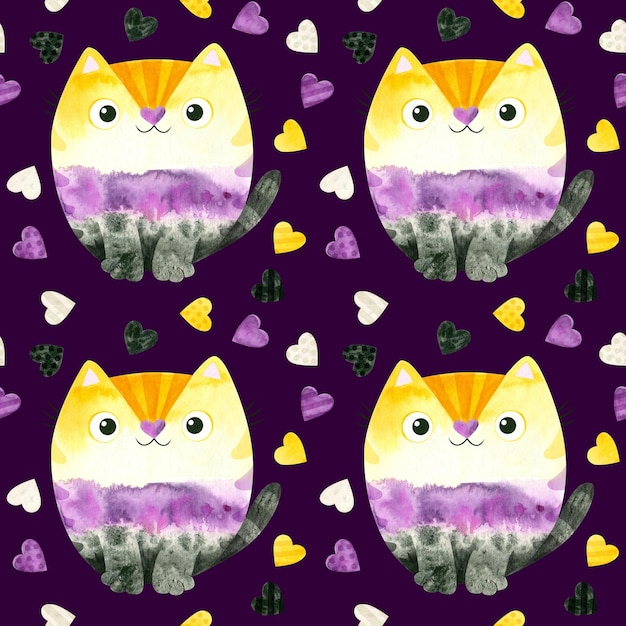 Nonbinary pride seamless pattern lgbt pride month wallpaper nonbinary rainbow cats and hearts