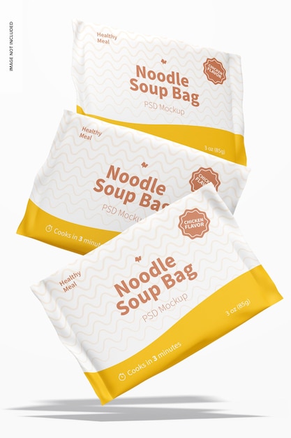 PSD noodle soup bags mockup, falling