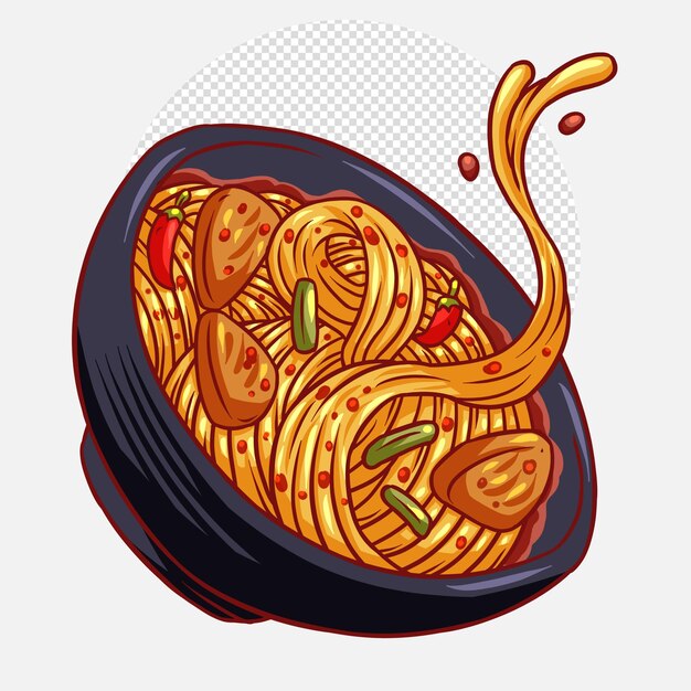 豚肉と唐辛子の漫画イラストと麺のスパイシーな沸騰