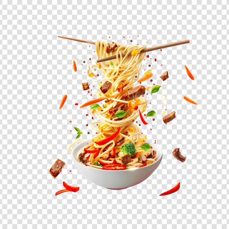 PSD noodles with vegetables and chicken meat in the form of a tornado with sticks on a white background