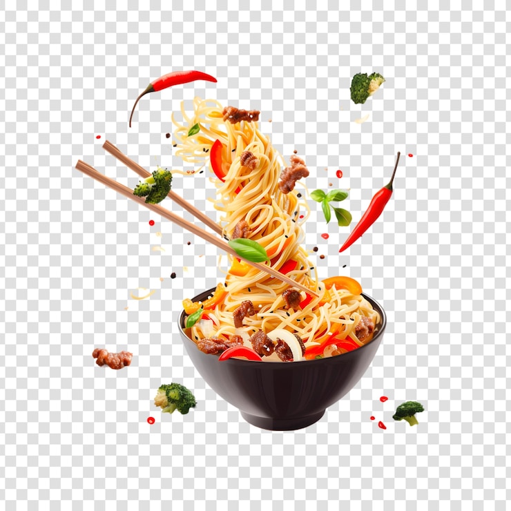 PSD noodles with vegetables and chicken meat in the form of a tornado with sticks on a white background