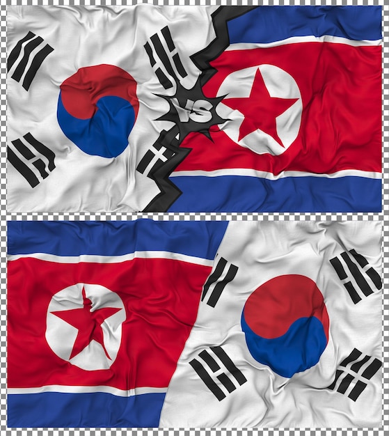 Noord-Korea versus Zuid-Korea Half Combined Flag Cloth Bump Texture 3D Rendering