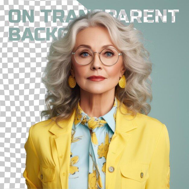 PSD nordic advertising manager wise wavy haired senior woman in focused gaze and glasses graces pastel lemon backdrop