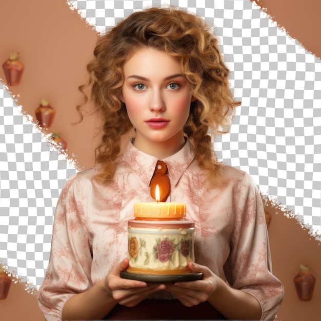 PSD nordic beauty wavy haired young woman posing in homemade candle attire