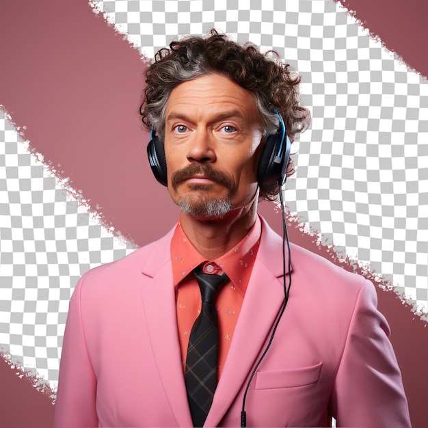 PSD the nordic call center rep determined middle aged man with kinky hair sporting casual hair tug on pastel salmon background