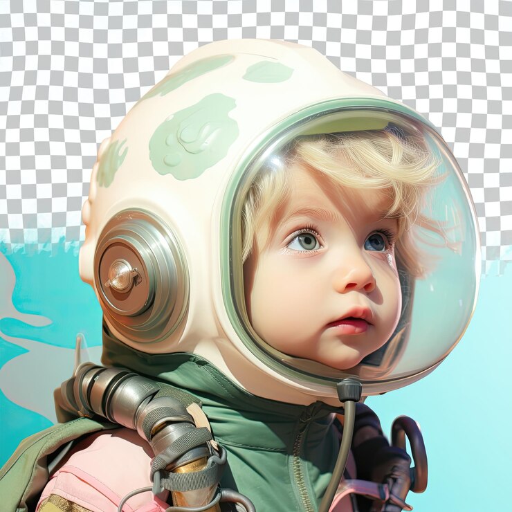 PSD nordic diver serene blonde toddler in casual hair tug pose underwater attire against pastel mint