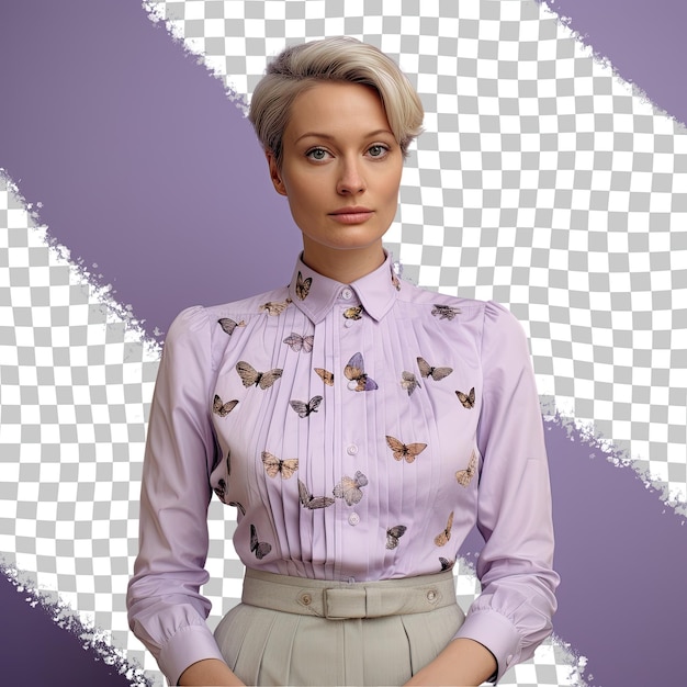 PSD nordic entomologist serene short haired woman in pastel lavender pose