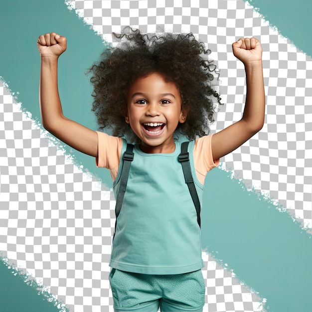 PSD nordic kid marathon girl with kinky hair calm pose in pastel turquoise