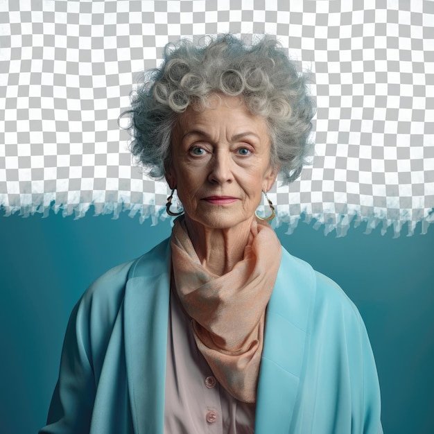 Nordic muse empathetic senior in dramatic shadow play with curly hair painting attire on pastel blue