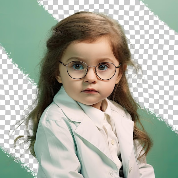PSD nordic podiatrist focused toddler woman relieved long hair glasses poses in pastel mint