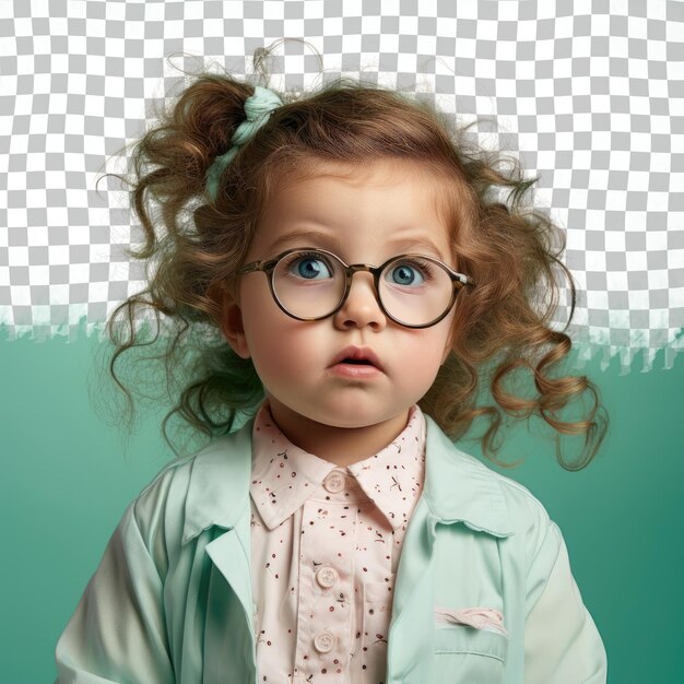 PSD nordic podiatrist relieved toddler woman rocks long hair glasses and a focused gaze on pastel mint