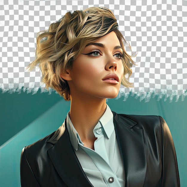 Nordic real estate agent stylish calm woman in dramatic lighting teal background short hair ya profile