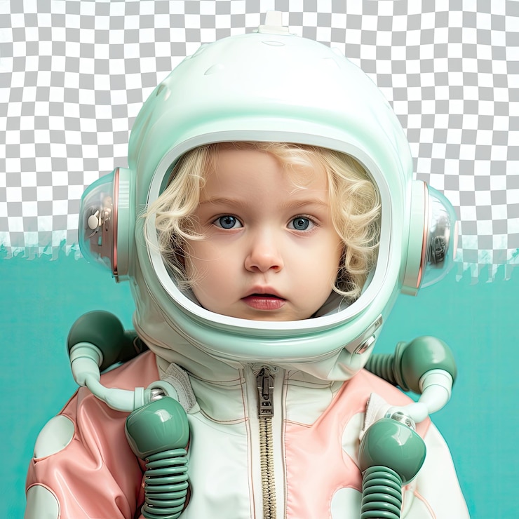 PSD nordic toddle in dive gear serene hair tug pose blonde girl casual style pastel mint background