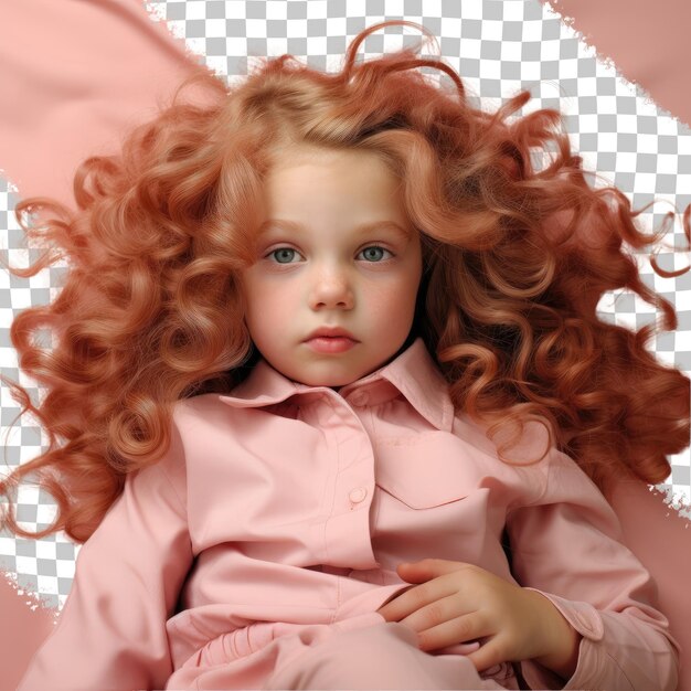 PSD nordic toddler wavy hair digital marketer pose against pastel salmon