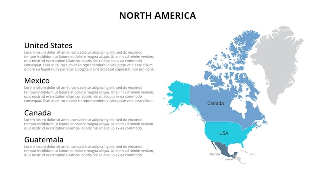 Modello infografico della mappa del nord america diviso per paesi presentazione della diapositiva