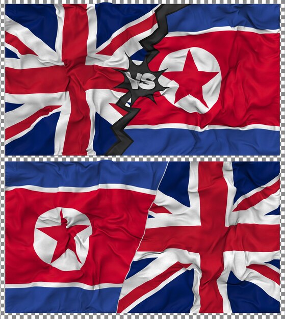 North Korea vs United Kingdom Half Combined Flag Cloth Bump Texture 3D Rendering