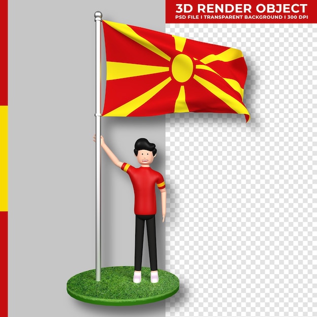 PSD bandiera della macedonia del nord con il personaggio dei cartoni animati di persone carine. giorno dell'indipendenza. rendering 3d.