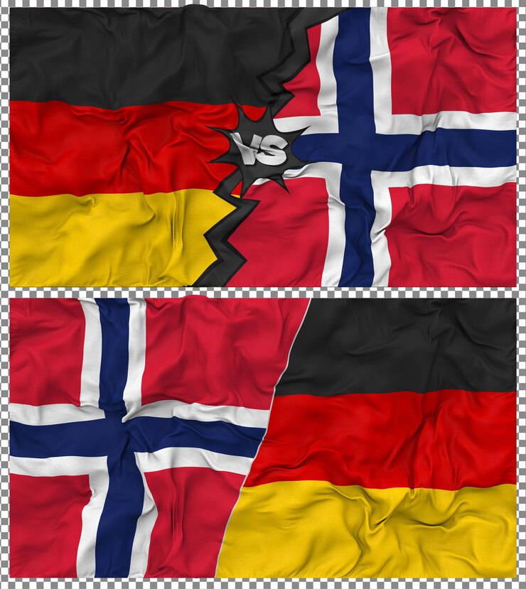 PSD ノルウェー vs ドイツ ハーフ・コンビネッド・フラッグ・クラフ・バンプ・テクスチャー 3dレンダリング