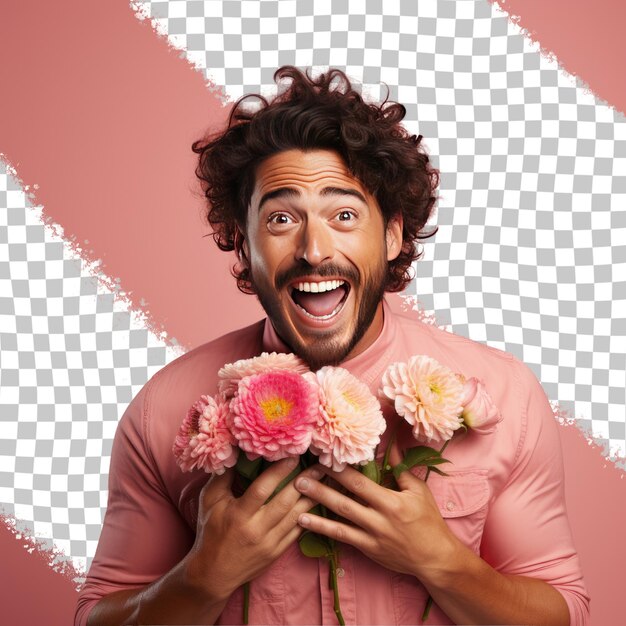 PSD a nostalgic adult man with kinky hair from the native american ethnicity dressed in doing diy projects attire poses in a laughing with hand covering mouth style against a pastel rose backgro