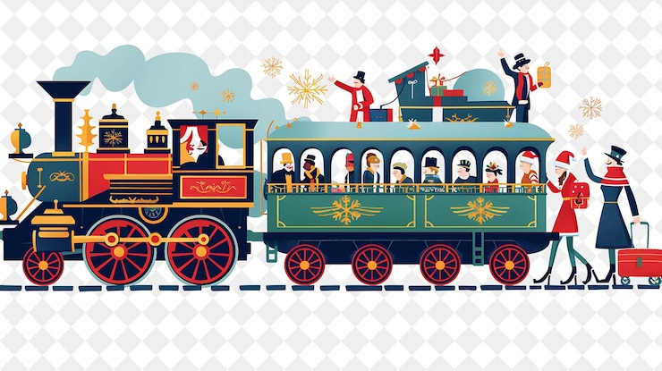 PSD 懷舊的聖誕火車與乘客和導航 des插圖聖誕藝術設計