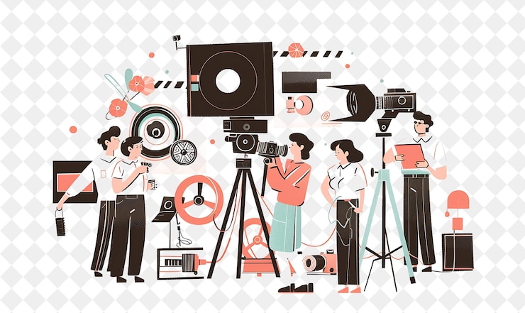 PSD nostalgic filmmaker with characters shooting and editing fil png people in daily work illustration