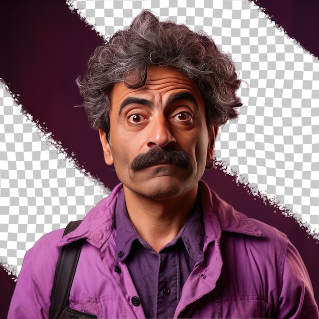 PSD a nostalgic middle aged man with kinky hair from the west asian ethnicity dressed in roofer attire poses in a intense direct gaze style against a pastel lavender background