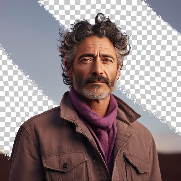 A nostalgic middle aged man with kinky hair from the west asian ethnicity dressed in roofer attire poses in a intense direct gaze style against a pastel lavender background