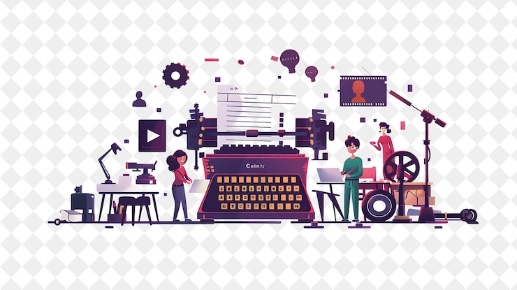 PSD nostalgic screenwriter with characters writing and creating png people in daily work illustration