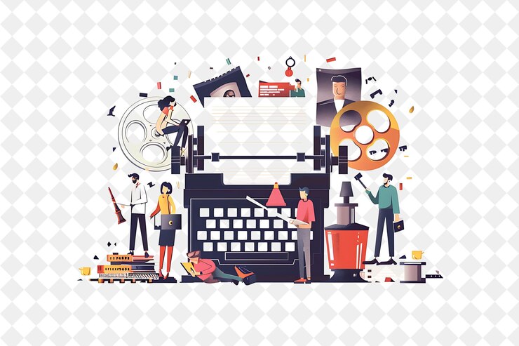 PSD nostalgic screenwriter with characters writing and creating png people in daily work illustration