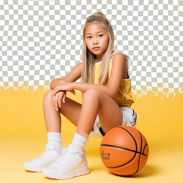 Nostalgisch blond kind dat basketbal speelt tegen een pastel citroen achtergrond