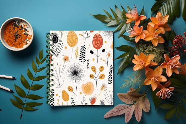 PSD notebook on blue background and flowers branches leaves