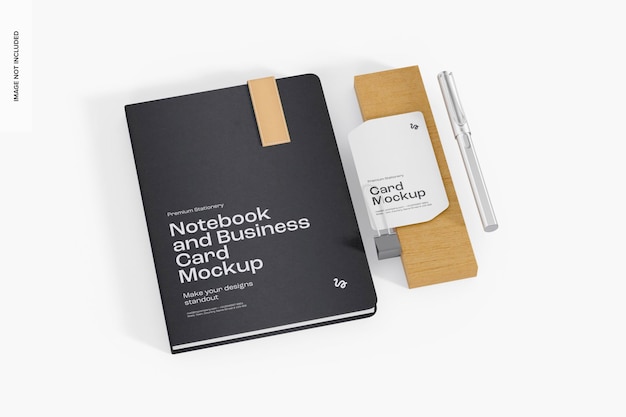 PSD notebook and business card mockup, left view