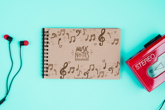 Notebook and cassette with headphones