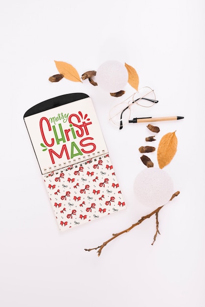 Notebook cover mockup with christmas concept